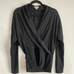 Helmut Lang Wool Black Long Sleeve Wrap Front Shirt Classic V Neck Stretch Top